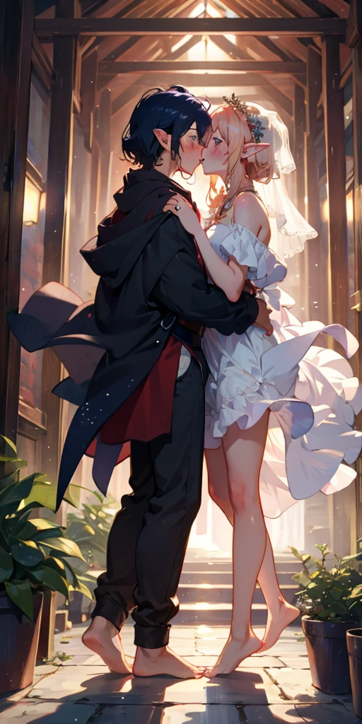 Body position: Standing, straight, symmetrical, barefoot, Lustful smile on face with red blush, 2 girls who gets married and stands in front of many people, kissing, purple skin drow elves