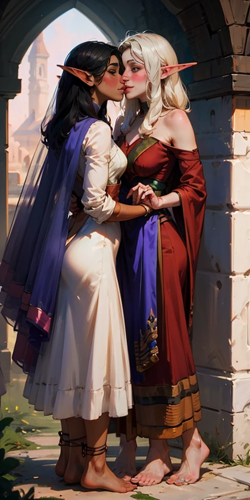 Body position: Standing, straight, symmetrical, barefoot, Lustful smile on face with red blush, 2 girls who gets married and stands in front of many people, kissing, purple skin drow elves