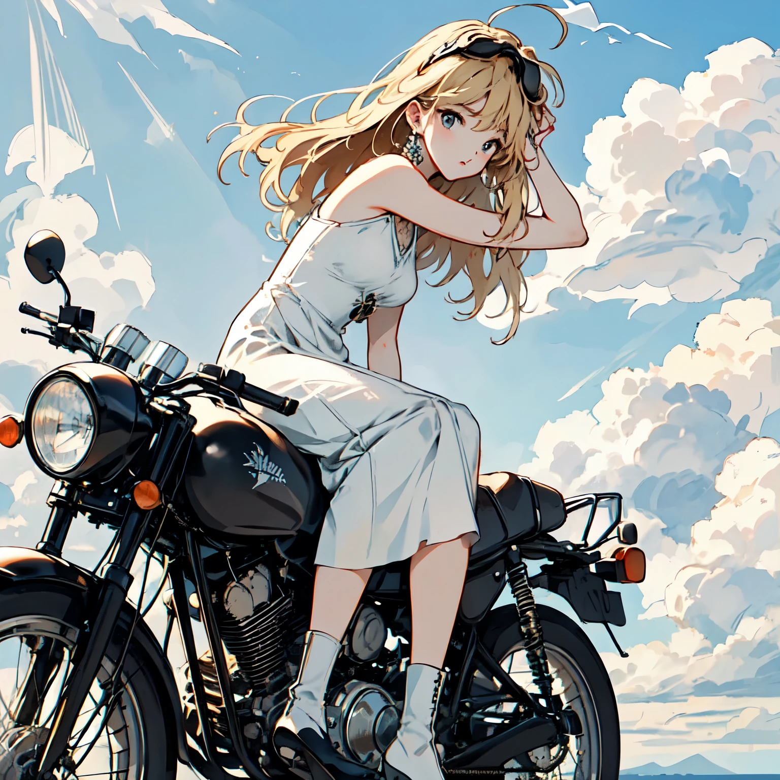 (クラシックバイクに乗る )、（ゴーグルとヘルメット）、 夏, 風, 傷, 太陽,, 完璧な顔とブロンドの髪、Wearing a light 夏 dress、黒のブーツを履いた繊細な美しさ、