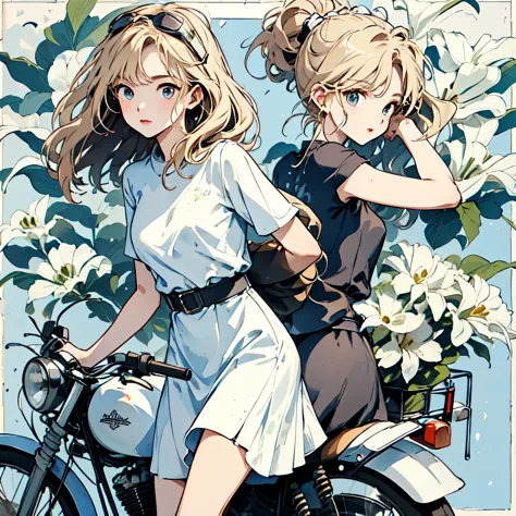 (Ride a classic motorcycle )、（Goggles and helmet）、 summer, Wind, scratch, sun,, Perfect face and blonde hair、Wearing a light sum...