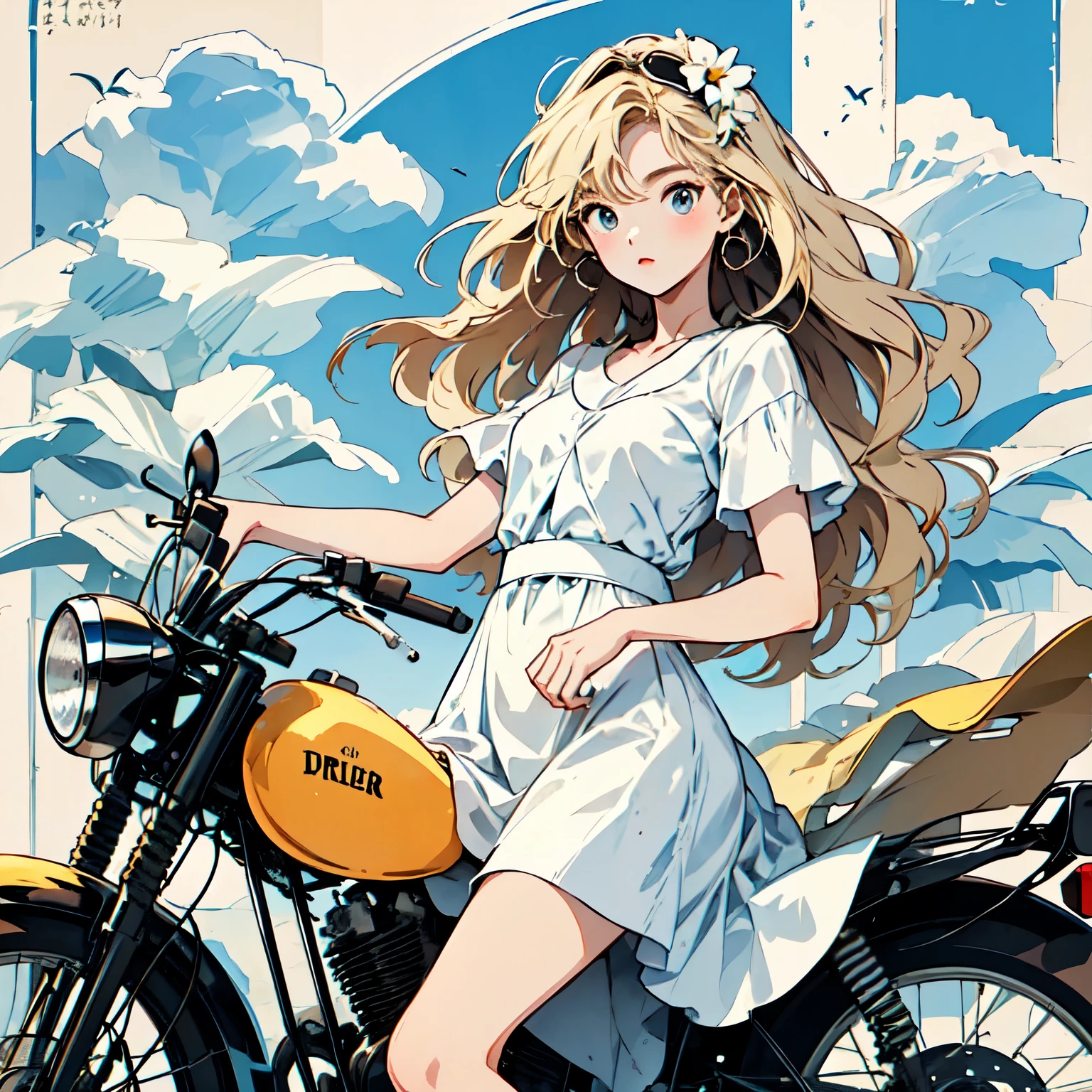 (Ride a classic motorcycle )、（Goggles and helmet）、 summer, Wind, scratch, sun,, Perfect face and blonde hair、Wearing a light summer dress、Delicate beauty in black boots、