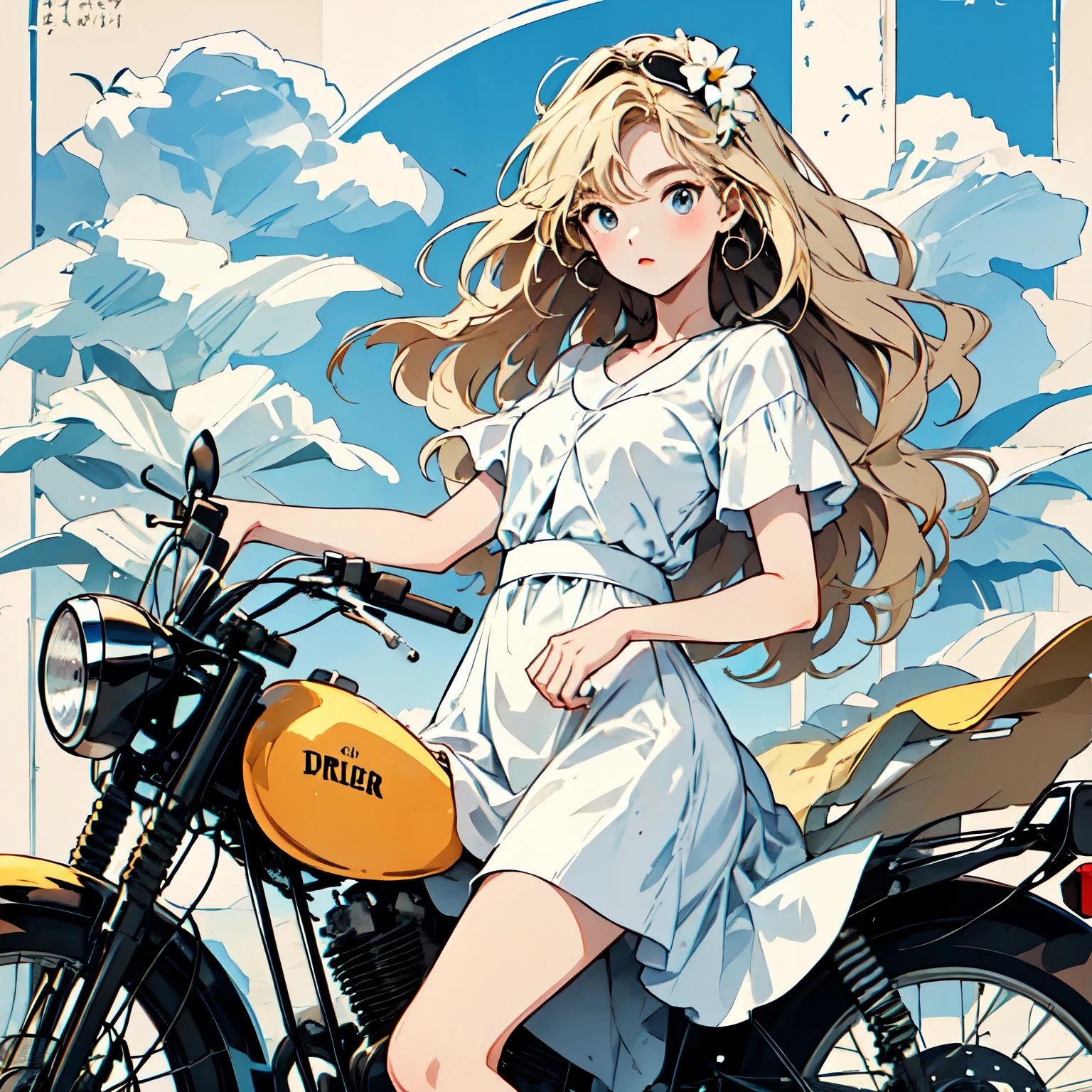 (Fahren Sie ein klassisches Motorrad )、（Schutzbrille und Helm）、 summer, Wind, kratzen, sun,, Perfektes Gesicht und blonde Haare、trägt ein leichtes Sommerkleid、Zarte Schönheit in schwarzen Stiefeln、