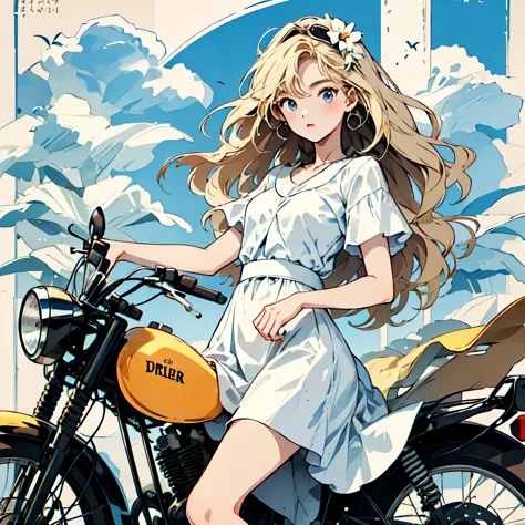 (Ride a classic motorcycle )、（Goggles and helmet）、 summer, Wind, scratch, sun,, Perfect face and blonde hair、Wearing a light sum...