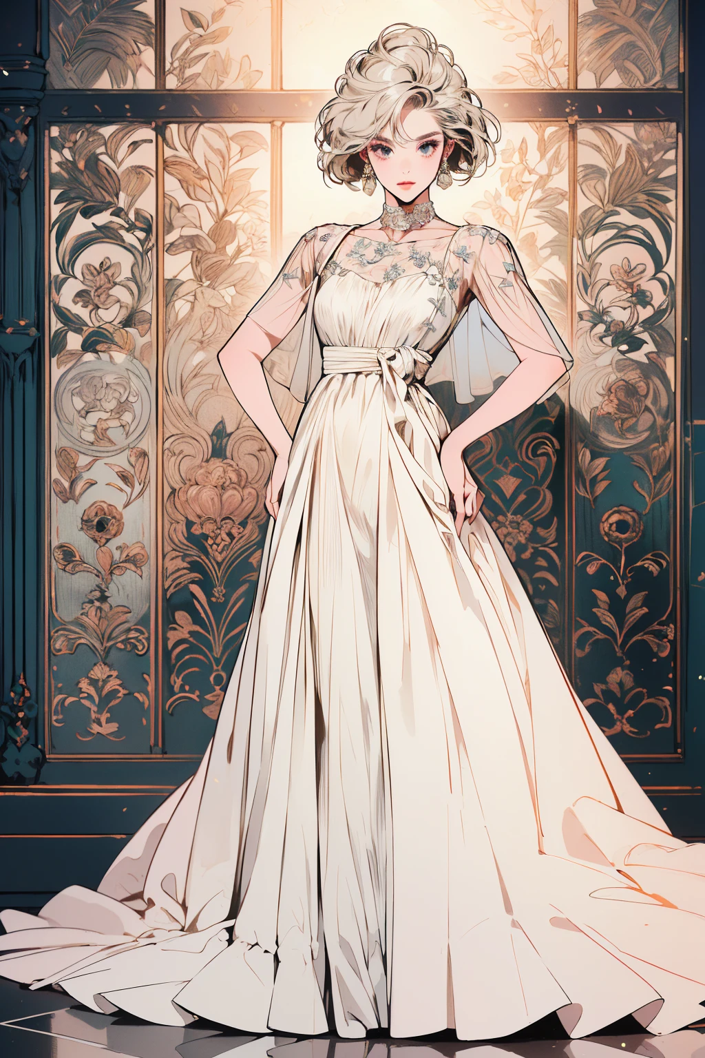 Models, professional: 1.6, (Best Quality, 4k, 8k, High resolution, Masterpiece: 1.2), ultra detailed, realist, modern style, Moda elegant, full body shot: 1.5, plano general: 1.5, elegant, ((modeling clothes, beautiful white lace long dress:1.7)), accessories, elegant pose as a model, modern and beautiful hair, by the chestnut, showy, bold background, Studio lighting, dynamic and elegant pose .