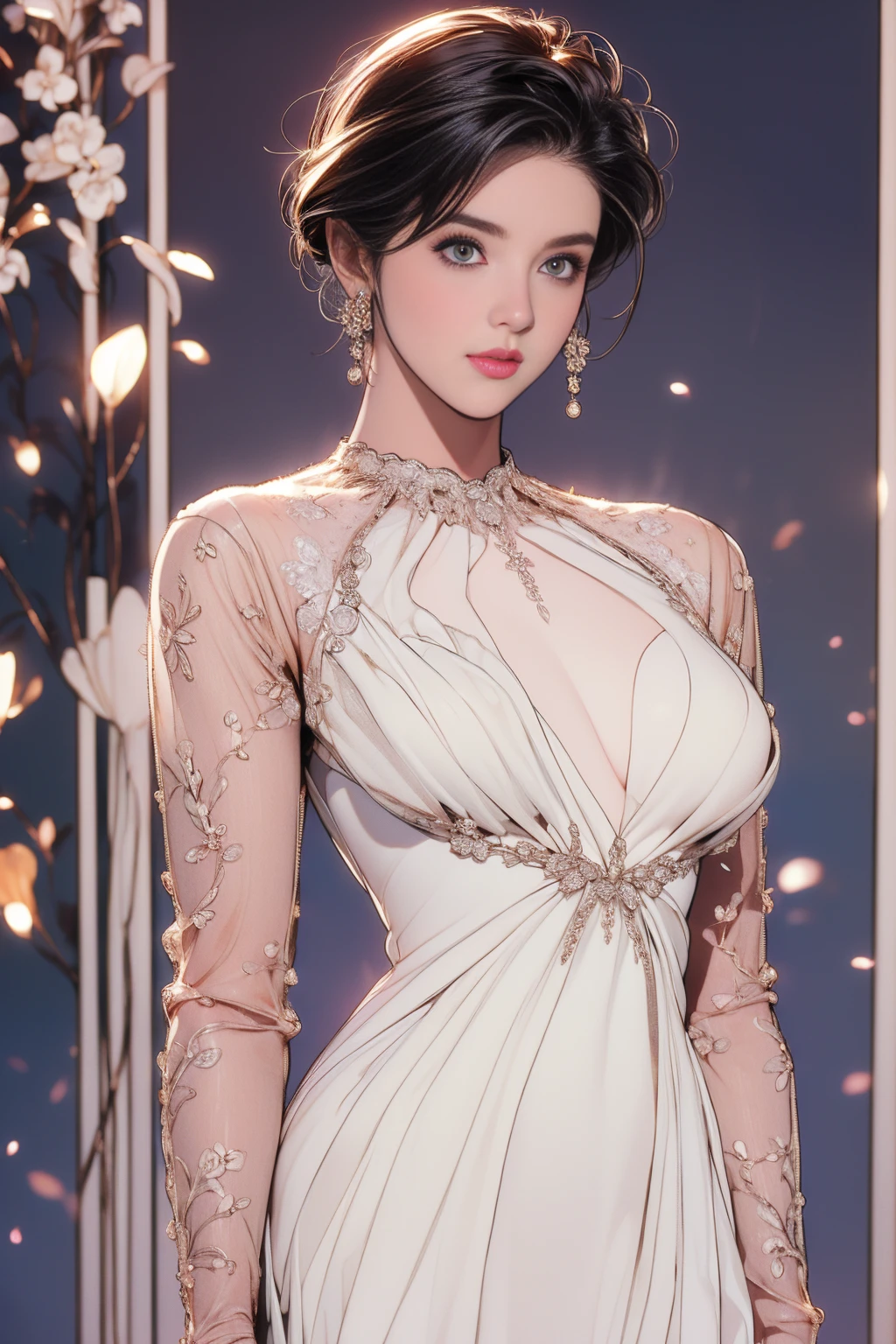 Models, professional: 1.6, (Best Quality, 4k, 8k, High resolution, Masterpiece: 1.2), ultra detailed, realist, modern style, Moda elegant, full body shot: 1.5, plano general: 1.5, elegant, ((modeling clothes, beautiful white lace long dress:1.7)), accessories, elegant pose as a model, modern and beautiful hair, by the chestnut, showy, bold background, Studio lighting, dynamic and elegant pose .