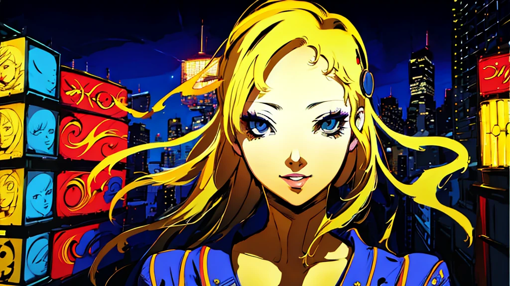 1girl, expressive eyes, wink, sneaky smile, patterned clothes dress, jojo poses, big urban city in night time in background, detail richness, masterpiece, best quality, PERSONA style, Soejima Shigenori style