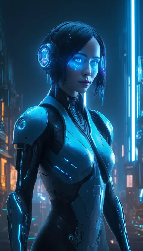 chong , glowing hologram cortana, (hologram:1.4), (glitch:1.4), glowing, reimagined in a cyberpunk universe, cinematic scene, de...