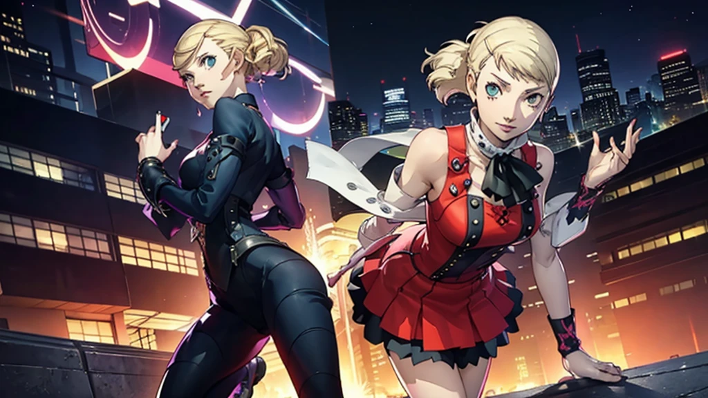 1girl, expressive eyes, wink, sneaky smile, patterned clothes dress, jojo poses, big urban city in night time in background, detail richness, masterpiece, best quality, PERSONA style, Soejima Shigenori style