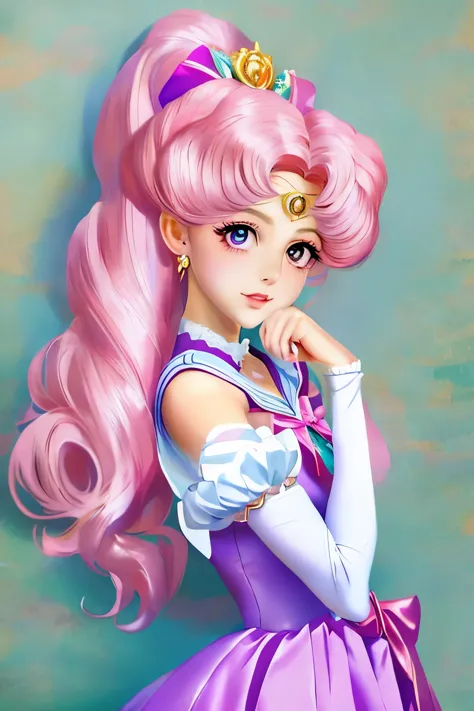 a close up of a doll with a pink dress and a purple hat, a pastel inspired by sailor moon, tumblr, rococo, glamourous cosplay, o...