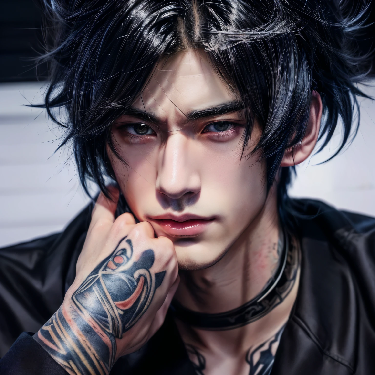 anime guy, male anime style, digital anime illustration, anime style character, anime realism style, handsome japanese demon boy, detailed anime character art, detailed digital anime art, realistic anime artstyle, artwork in the style of guweiz, anime style portrait, handsome anime pose, made with anime painter studio, tattoos, handsome, hand behind his head