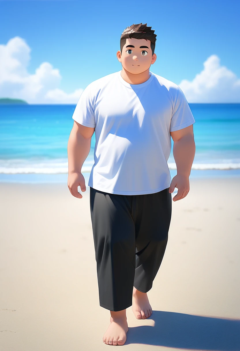 ((1male, solo, male focus, standing idle)), (chubby:1.0), (bara:1.4), ((t-shirt, shorts, barefoot, summer, beach)), short hair, crew cut, ((full body)), (cool, cute, awesome), anime, best quality, best aesthetic, high res,man, masterpiece,Anime