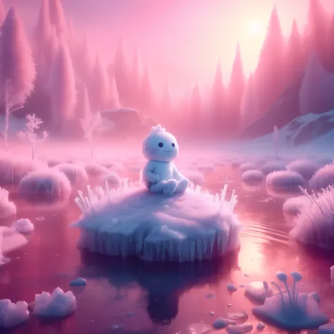 little man sitting on a rugged ice burg covered in dew on an icy swamp lake, pink fantasy art style, 8k,