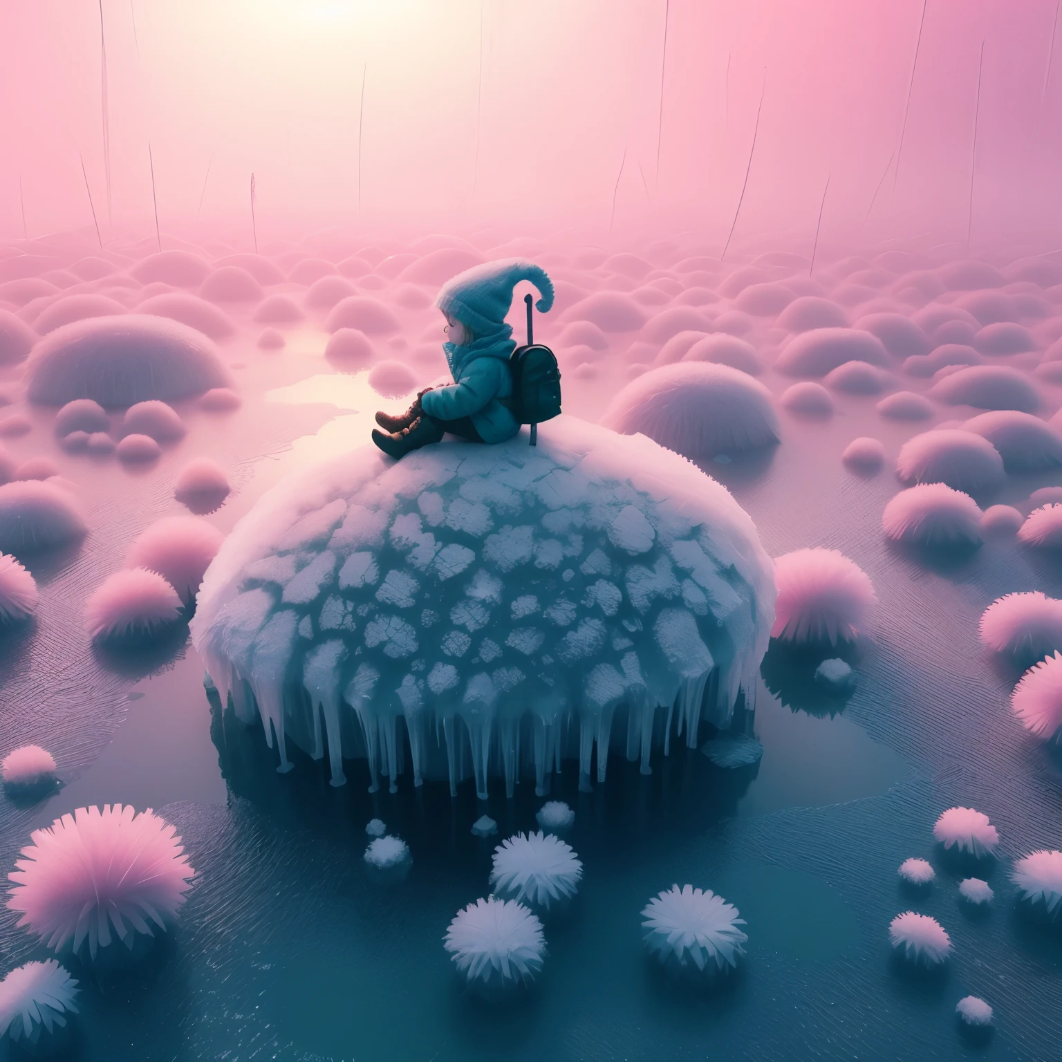 little man sitting on a rugged ice burg covered in dew on an icy swamp lake, pink fantasy art style, 8k,