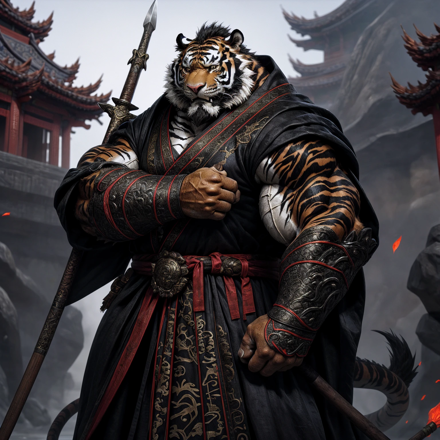 (tigre noir),(Robe de combat noire),Armé d&#39;une lance,Geste puissant,Tenez-vous debout avec confiance et fierté,Général de style chinois tenant une épée regardant au loin dans la barbe au visage sérieux d&#39;âge moyen de Dragon City,fort,muscle,(haute résolution:1.3)