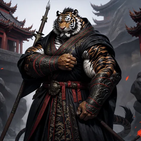 (Black Tiger),(Black battle robe),Armed with a spear,Powerful gesture,Stand confidently and proudly,Chinese style general holdin...