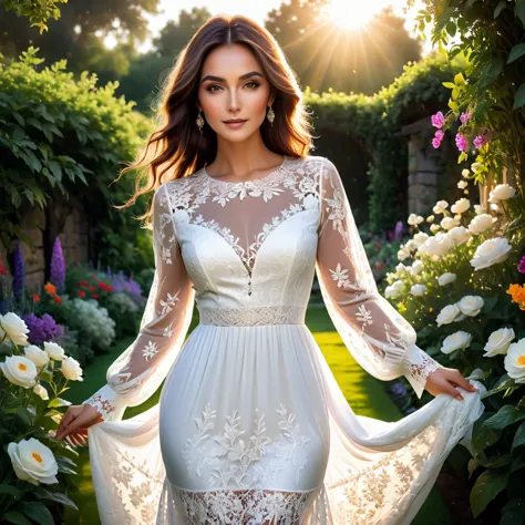 a beautiful woman in a white lace dress, long lace sleeves, lace details on the bodice, flowing lace skirt, standing in a garden...
