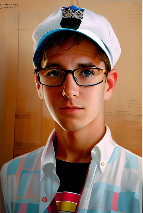 there is a boy wearing a hat and glasses and a shirt, realistic portrait photo, high quality portrait, photorealistic portrait, ...