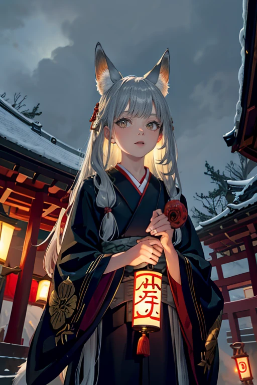 かわいらしい顔、美しいアイスターピース最高品質　夜中　キツネ耳美人　銀髪　一般　20歳　キツネは結婚する　Fushimi Inari Taisha Shrine　素晴らしい　神秘　ワンダーランド　祇園の雨の日, 京都