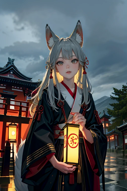 Pretty Face、beautiful eyeasterpiece top quality　midnight　Fox Ear Beauty　Silver Hair　Common　20 years old　The fox gets married　Fushimi Inari Taisha Shrine　fantastic　mystery　wonderland　Rainy day in Gion, Kyoto