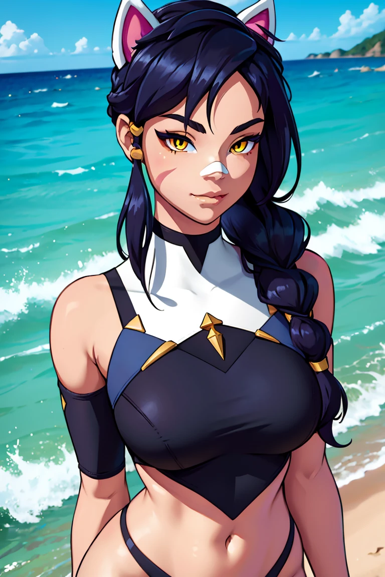 Erisa, 1girl, solo, long hair, looking at viewer, black hair, bandaid on face, yellow eyes, animal ears, smile, bandaid on nose, braid, cat ears, bandaid, bangs, breasts, fake animal ears, simple background, fang, bare shoulders, scar, bare shoulders, closed mouth, hair over one eye, portrait, hair over shoulder, legs, seductive, bathing suit, 2 piece swimsuit, beach, realistic, highly detailed face, detailed eyes, best quality, masterpiece, ultra detail, ultra high res, extreme detail, 8k, uhd, voluptuous