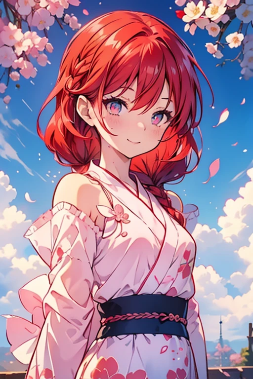 Ri Sakurai, Hair between the eyes, long hair, (Red hair:1.5), (Small Breasts:1.2), Smile,Cherry Blossom Hair Accessories,Short braided hair,Pink floral pattern yukata,cherry blossoms scattered,Pink Landscape,
Break the viewer&#39;s line of sight, 
Rest outdoors, best quality, high resolution, Unity 8k Wallpaper, (number:0.8), (Delicate and beautiful eyes:1.6), The face is rich in detail, Perfect lighting, Very detailed CG, (Perfect hands, Perfect anatomical structure),