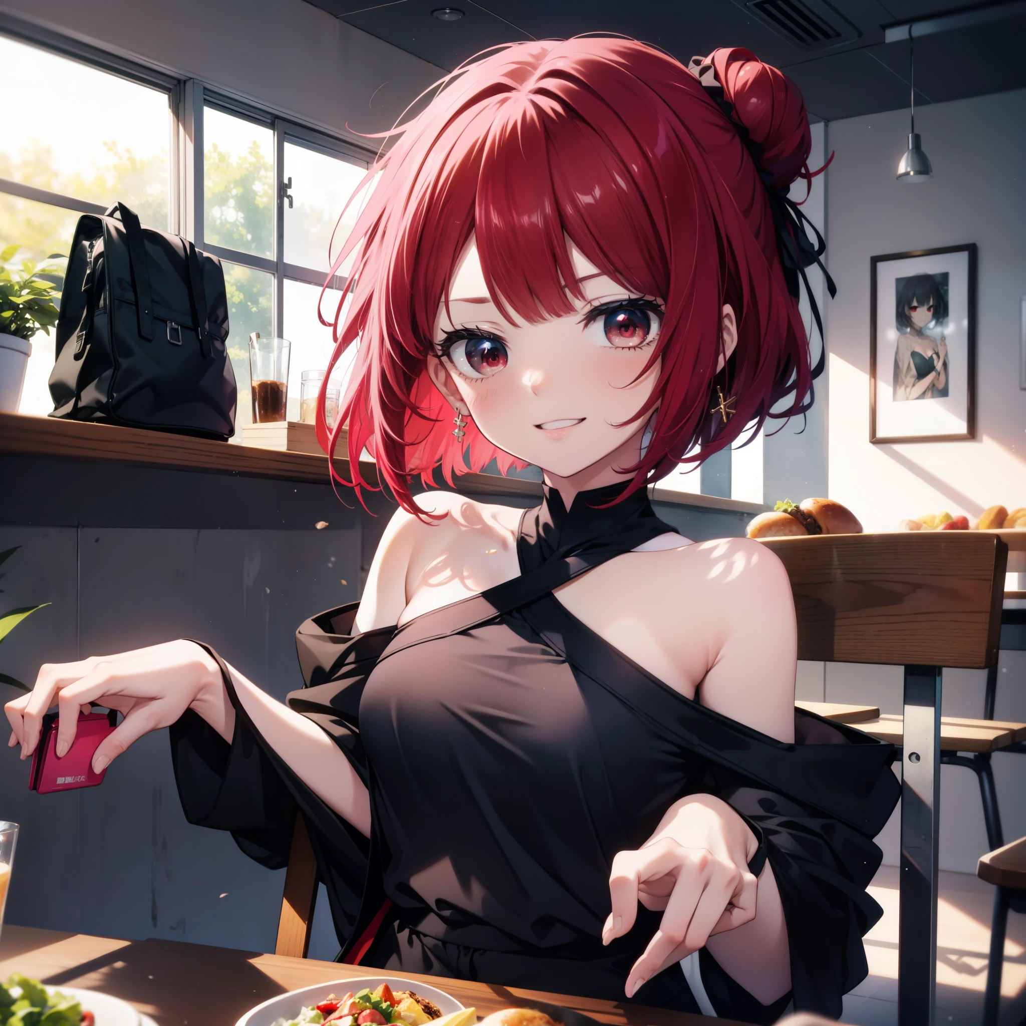 Arima etc.., Arima Kana, (Red eyes:1.5), Red Hair,Short Hair,Bob Hair,happy smile, smile, Open your mouth,Hair Bun, single  Hair Bun,Redhead,Off-the-shoulder shirt,Short sleeve,Exposing shoulders,skinny pants,Stiletto heels,sitting cross-legged on a chair,There is a lunch box on the table,whole bodyがイラストに入るように,Daytime,Clear skies,
壊す looking at viewer,whole body,
Breaking indoors,office,　　　　　　　　　　　　(masterpiece:1.2), highest quality, High resolution, unity 8k wallpaper, (shape:0.8), (Beautiful and beautiful eyes:1.6), Highly detailed face, Perfect lighting, Extremely detailed CG, (Perfect hands, Perfect Anatomy),