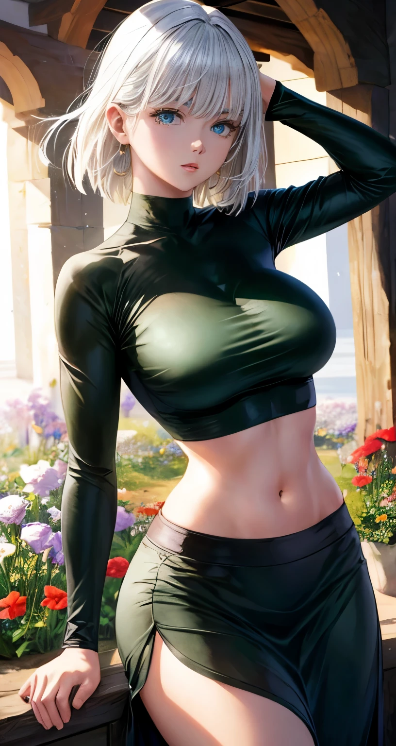 realistic, 1girl, Fubuki, white hair, green eyes, big round breasts, clear white skin, shining eyes, black crop top, dark green skirt, parted lips, rouge, night, flowers, sun, sunshine