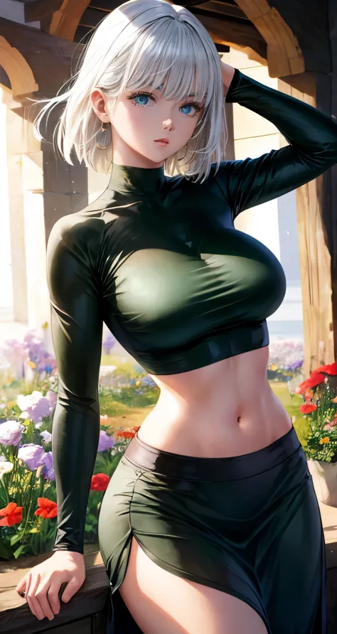 realistic, 1girl, fubuki, white hair, green eyes, big round breasts, clear white skin, shining eyes, black crop top, dark green ...