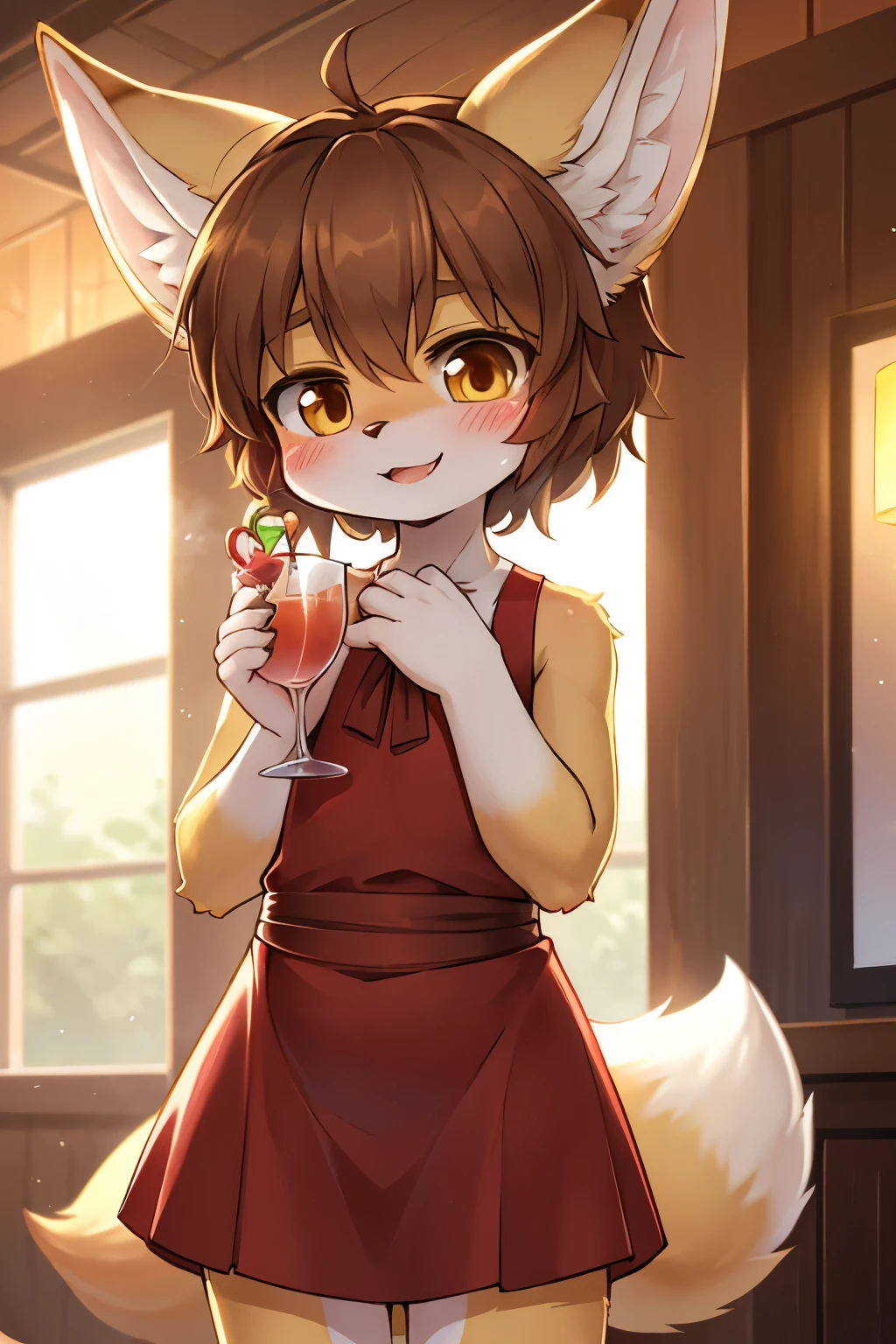 (a small male furry humanoid fennec fox boy with light brown hair and yellow fur), wearing a red cocktail dress, happy, blush, 