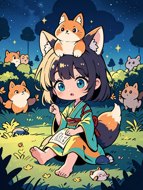 a beautiful girl sitting under a large tree on a starry summer night, glowworms flying around, a cute fox beside her, traditiona...