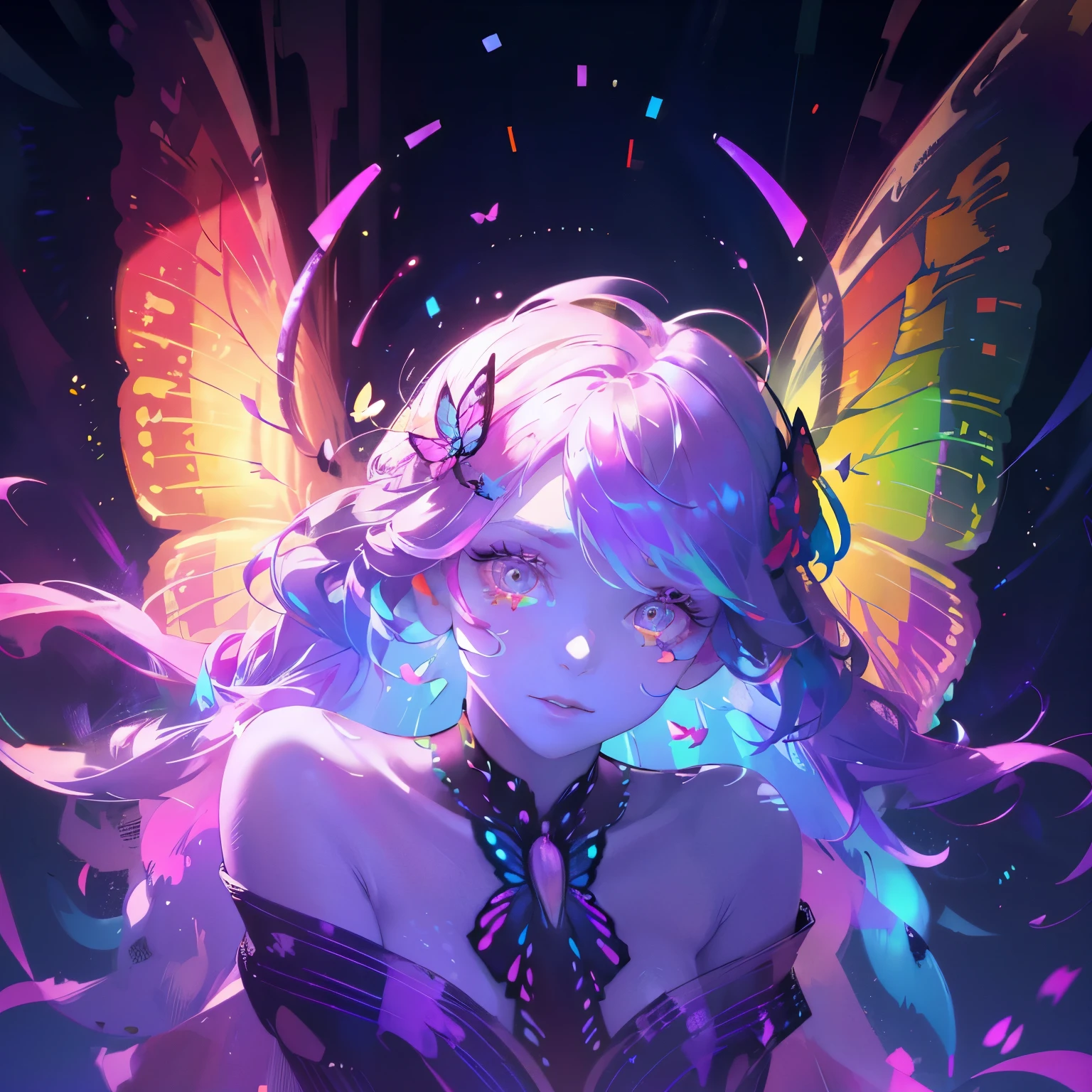 a female with multi colored rainbow butterfly aesthetics, has antennae, intricate colorful butterfly wings, vibrant rainbow colors, ethereal butterfly goddess, delicate butterfly crown, beautiful detailed eyes, beautiful detailed lips, extremely detailed face and skin, long eyelashes, cinematic lighting, highly detailed, 8k, photorealistic, masterpiece