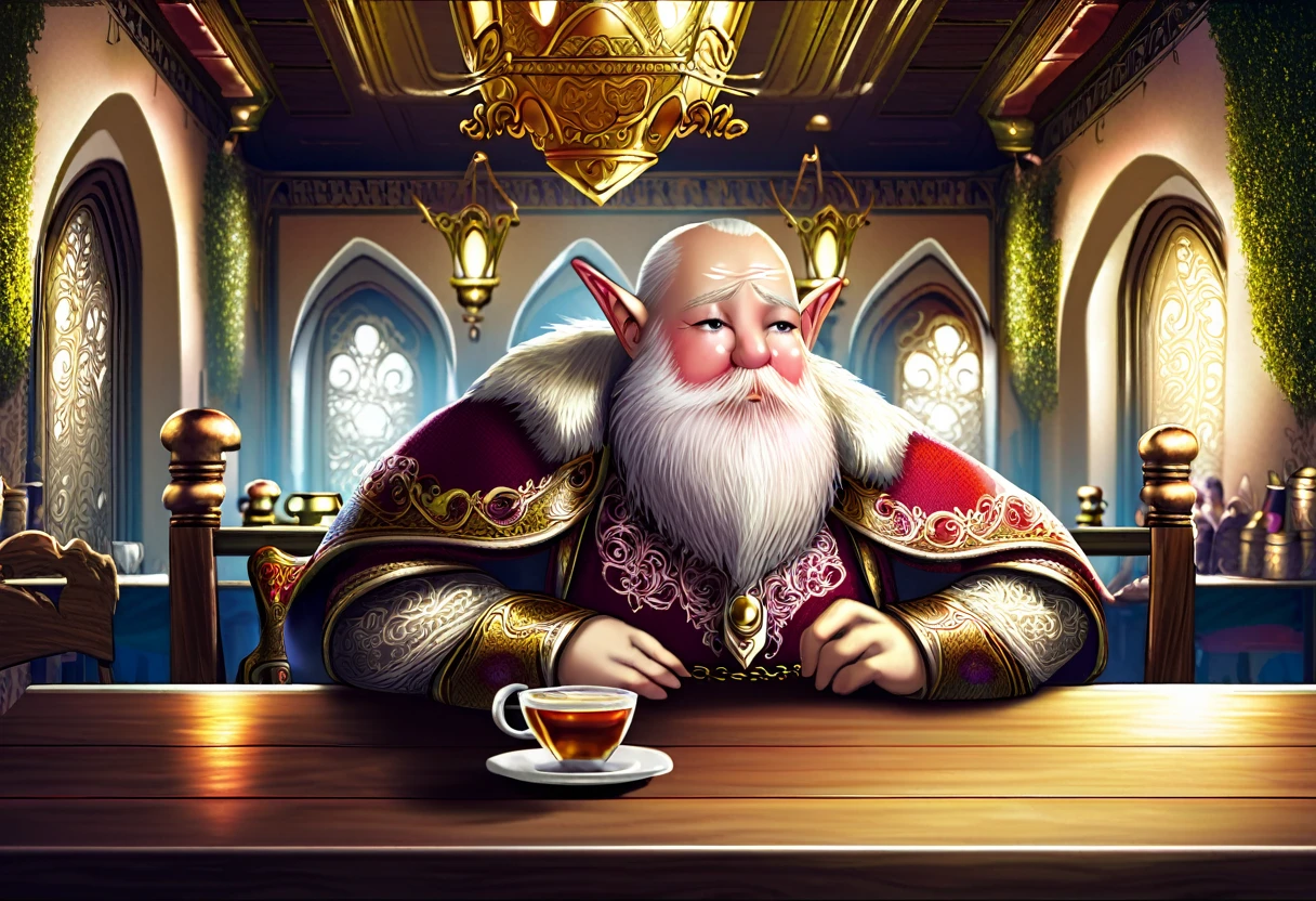 a dwarf sitting at a table, drinking ale and eating fine foods, wearing an ornate outfit with white lace trim, elves in elegant clothing watching in disdain, highly detailed, intricate, fantasy, cinematic lighting, ornate interior, high resolution