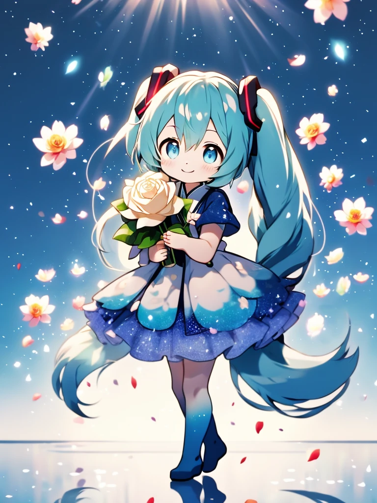 Eye Focus, masterpiece, highest quality, 1 girl, Hatsune Miku, Holding a single white rose, petal, Night Background, fire Fly, Particles of light, alone, Twin-tailed aqua blue hair, Sparkling髪飾り，Aqua blue eyes, Sparkling，smile，Are standing, Pixiv, Written boundary depth, Structure of the film, Best lighting, look up