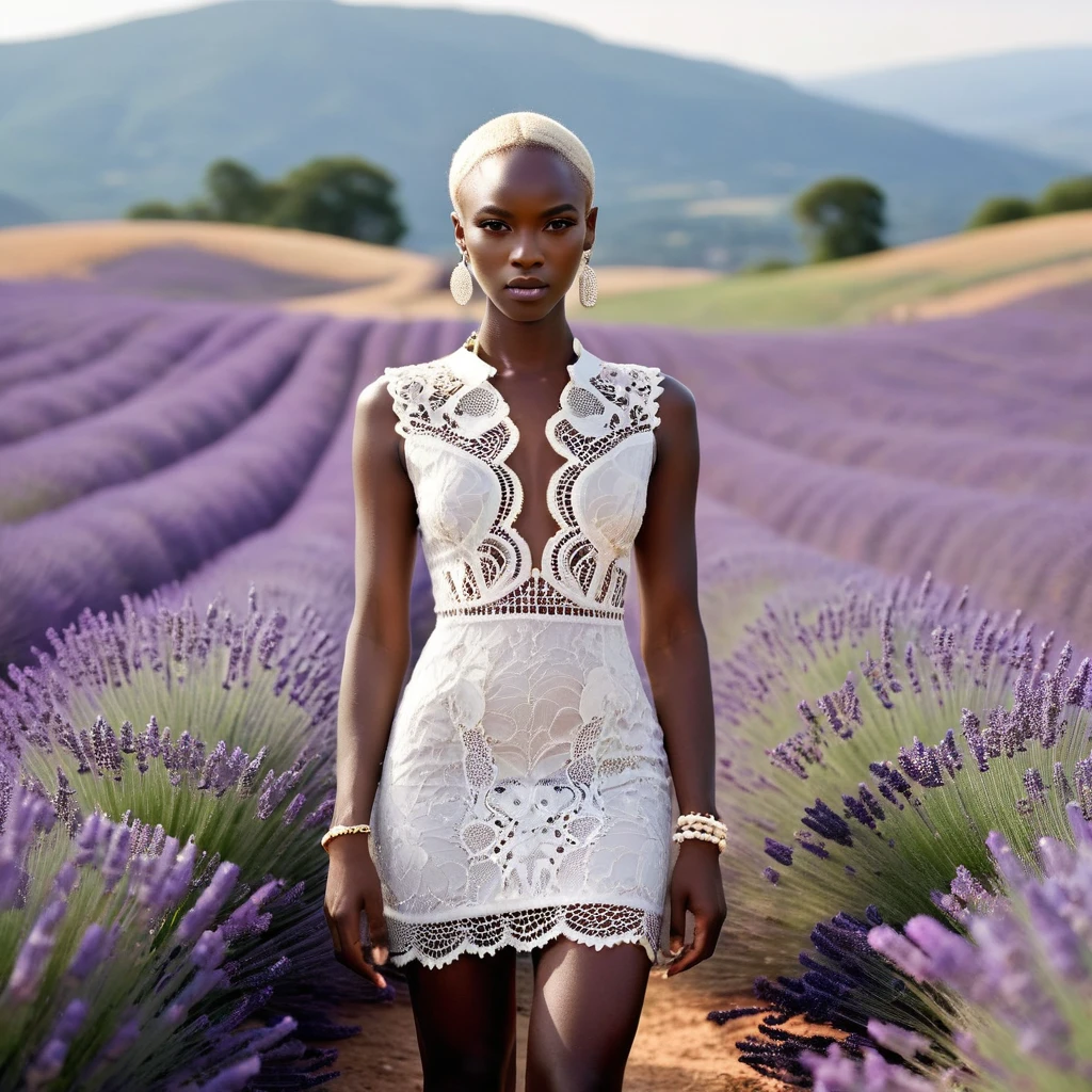 High Resolution, High Quality , Masterpiece. Omar Victor Diop-inspired full body portrait, slender model clad in Donatella Versace's white guipure lace mini dress with a plunging neckline, adorned with cascading white African pigtails, ambiance of pearl beads, bracelets accentuating wrists, striking an open-pose amidst a hilly field of lavender, sharp focus foreground with a backdrop of softly blurred purple.
