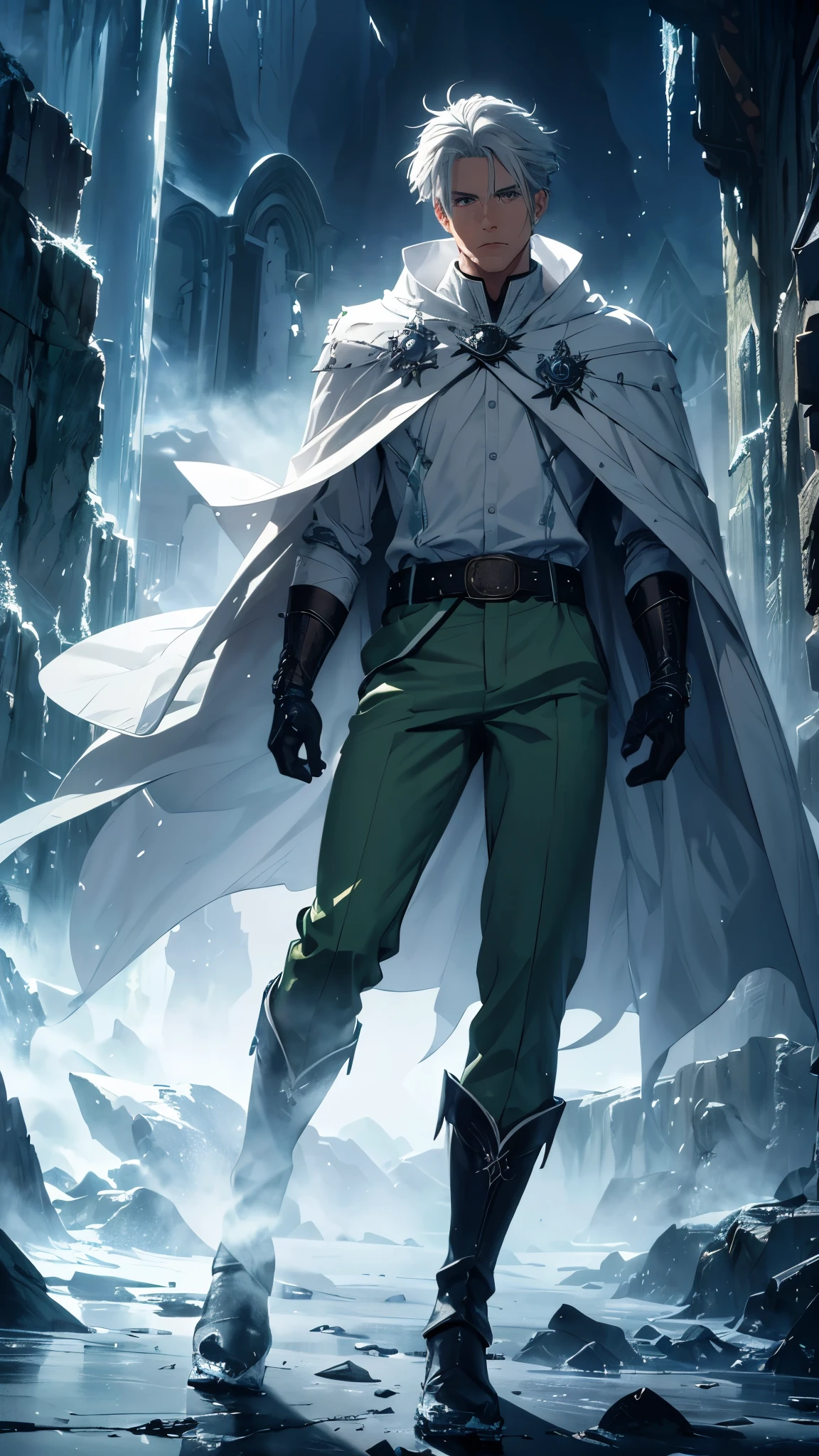 a young gray-haired man with gray eyes, green pants, white shirt, ice cape, boots, belt, wizard, ice spell, icy atmosphere, cold feeling, magical power, intricate details, cinematic lighting, muted color palette, dramatic shadows, ultra-detailed, 8k, photorealistic, masterpiece