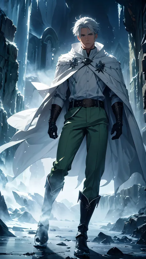 a young gray-haired man with gray eyes, green pants, white shirt, ice cape, boots, belt, wizard, ice spell, icy atmosphere, cold...