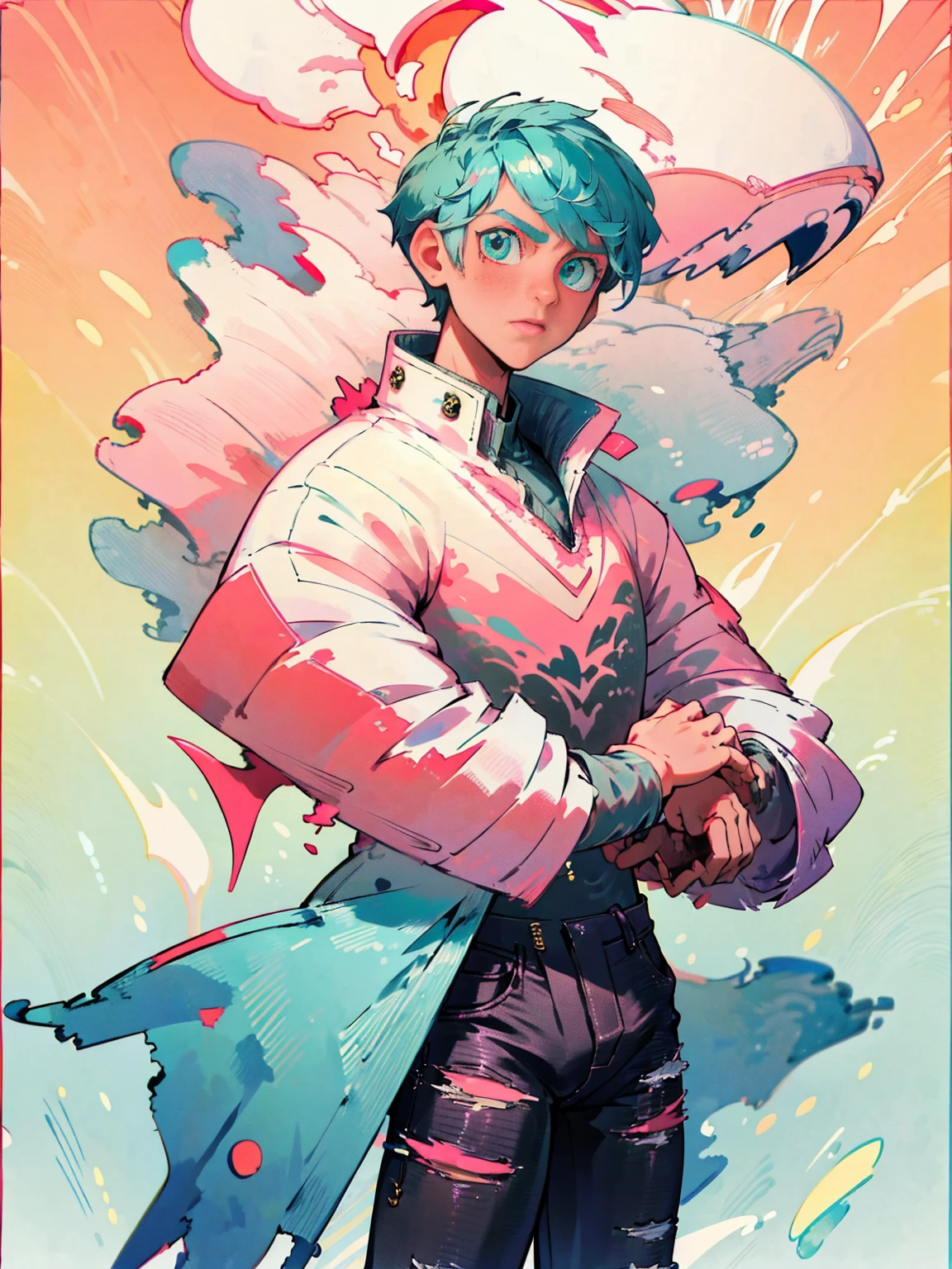 Dragon boy_ white scales with turquoise and pink details_detailed eyes_wearing a stylish coat with abstract details_ ripped black jeans.