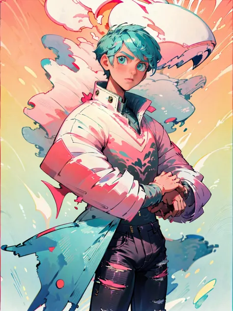 Dragon boy_ white scales with turquoise and pink details_detailed eyes_wearing a stylish coat with abstract details_ ripped blac...