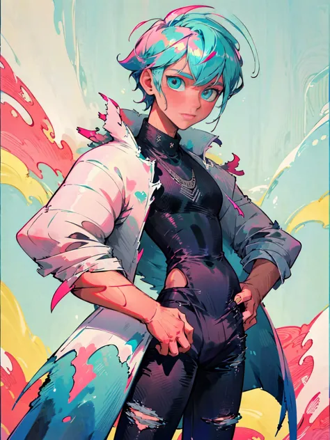 Dragon boy_ white scales with turquoise and pink details_detailed eyes_wearing a stylish coat with abstract details_ ripped blac...