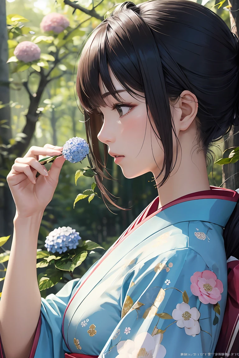 masterpiece ,highest quality, delicateな髪の美しい女性, Flowers, forest, June,Hydrangea,profile,Fleeting,beauty,delicate,Cinematic,Japanese women,profile,mature,Shiny woman,Downward Angle,Light blue floral kimono,Put your hand over your mouth,Posing to be thinking