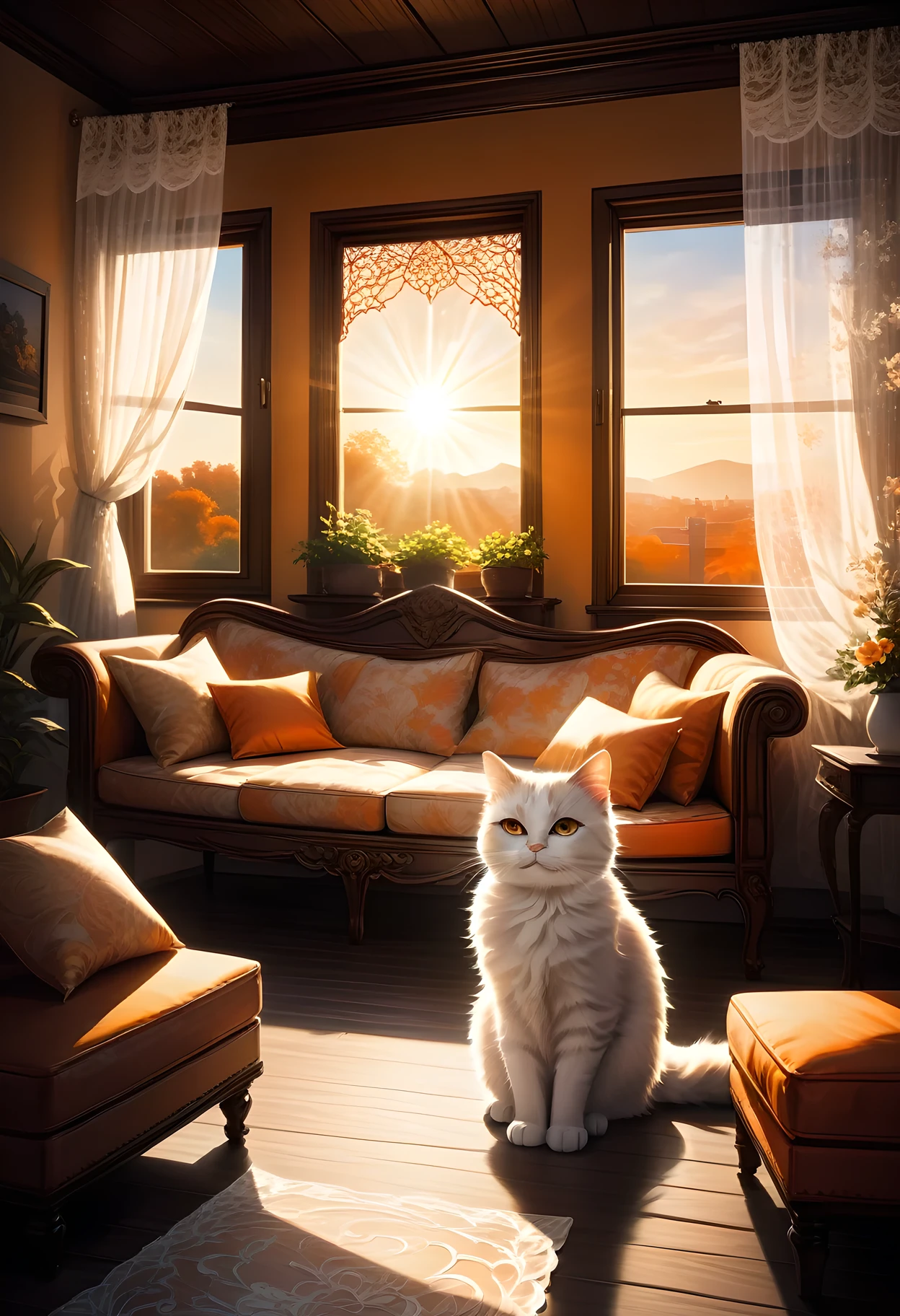 Деревянный каркас, открыть, окно с двойным остеклением, белые кружевные шторы с замысловатым рисунком развеваются на ветру, видно из комнаты:1.2, солнечный свет проникает в, подсветка кота на диване, Сумерки, оранжевое небо, Изящный.