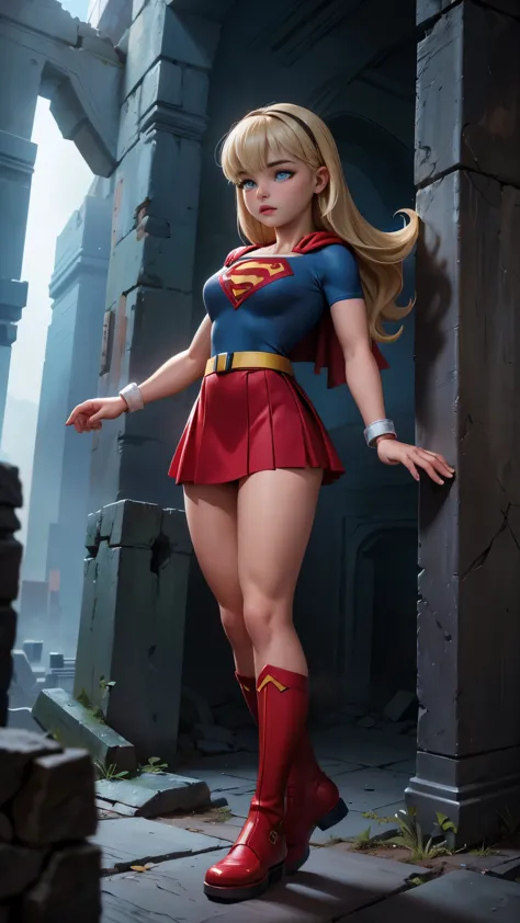 8K, Ultra HD, super details, high quality, high resolution. The heroine Supergirl looks beautiful in a full-length photo, her bo...