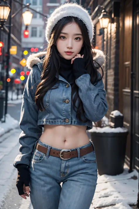 girl in winter scene, Short belly-baring down jacket, Low-rise pants, metal belt, Seven-point lens, The abdomen is completely ex...