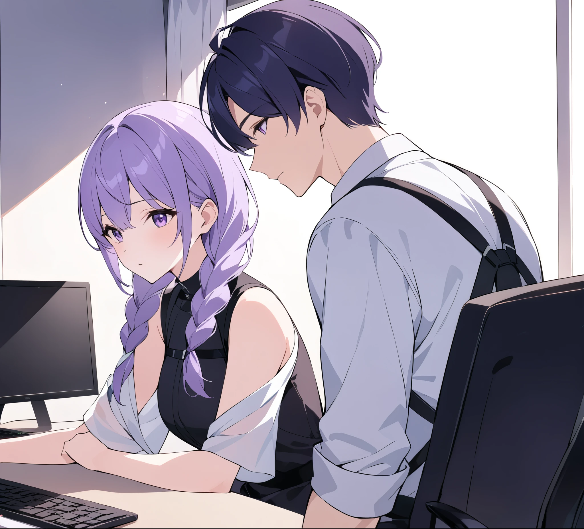 A captivating illustration portraying a blossoming romance between a man and a woman((1 male, 1 woman with purple and white gradient double braids)) in the office. The art form resembles a subtle and sophisticated digital painting, capturing the nuances of their relationship. The scene is set in a modern office space, with sleek desks, computers, and a backdrop of bustling professionals. The man and woman are seated close to each other, engrossed in a heartfelt conversation. Their body language exudes warmth and familiarity, hinting at their connection. Soft, natural lighting fills the room, creating a warm and inviting atmosphere. The overall result is a tender depiction of an office romance, showcasing the delicate balance between work and love in a professional setting.
