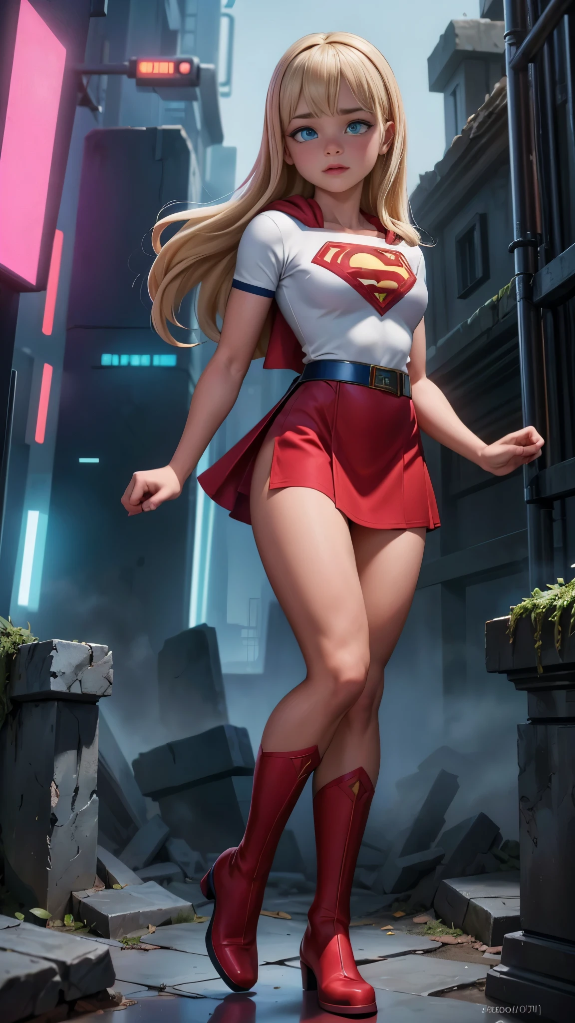 8K, Ultra HD, super details, high quality, high resolution. The heroine Supergirl looks beautiful in a full-length photo, her body is sculptural, her long wavy blonde hair is radiant in a perfect combination with her white skin, her bright blonde eyes mesmerize everyone. She is wearing her heroine outfit, a red skirt with a yellow belt, a very tight blue t-shirt with a big red S on the chest, Elta also wears a red cape and red boots. she looks very sexy drawing attention to her big breasts and thick legs as she flies through the sky.,(Fondo de ruinas de mazmorra en ruinas cyberpunk :1.4 ), (supergils superman :1.4), (vestuario white traje :1.4), (Detalles de la cara: 1.5, ojos azules brillantes, hermoso rostro, ojos bonitos, Contorno del iris, labios delgados: 1.5, Thin, sharp pale eyebrows, Long, dark eyelashes, double tabs),(Traje vestuario white :1.4) 