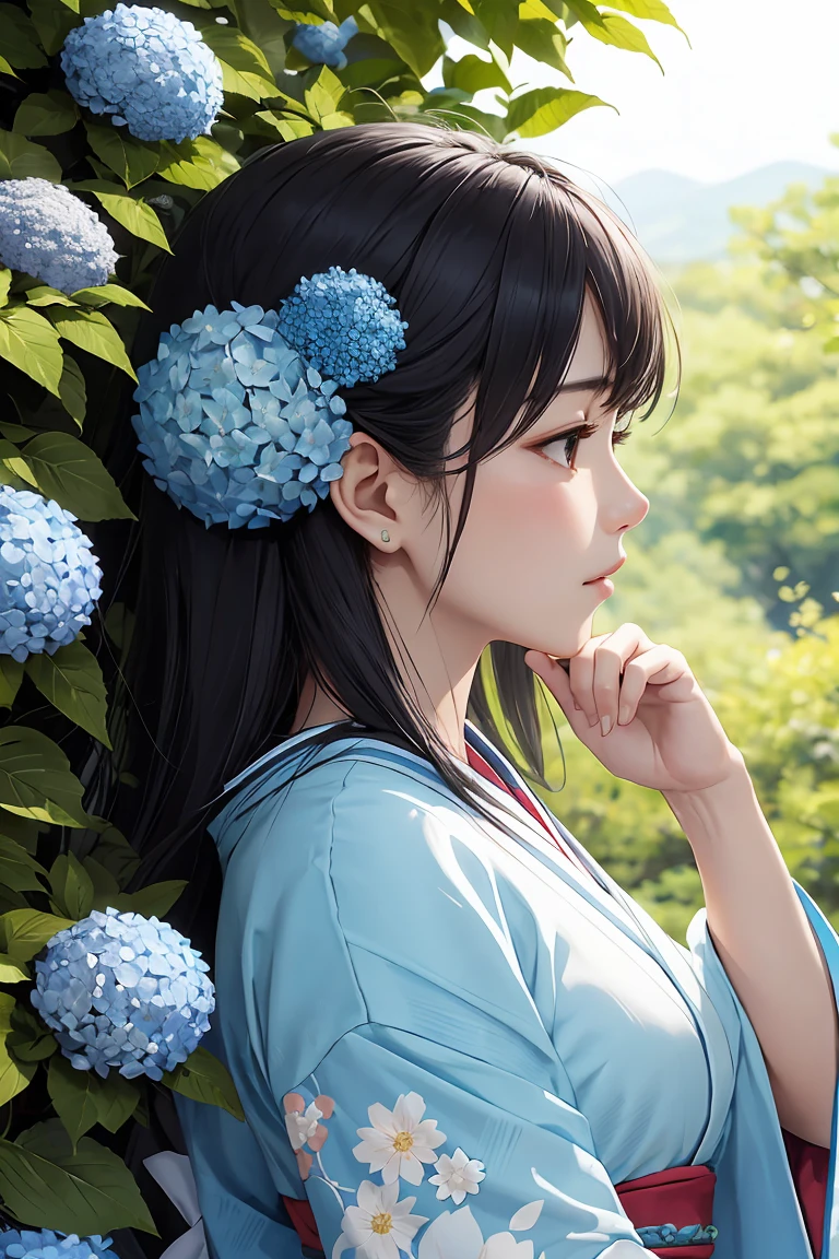 傑作 ,最好的品質, 精美的な髪の美しい女性, 花朵, 森林, 盛開的繡球花,輪廓,轉瞬即逝,美麗,精美的,電影般的,日本女性,輪廓,成熟,閃亮的女人,downward 輪廓,淺藍色花卉和服,真的,白花髮飾,擺出思考的姿勢,把你的手放在你的嘴上,