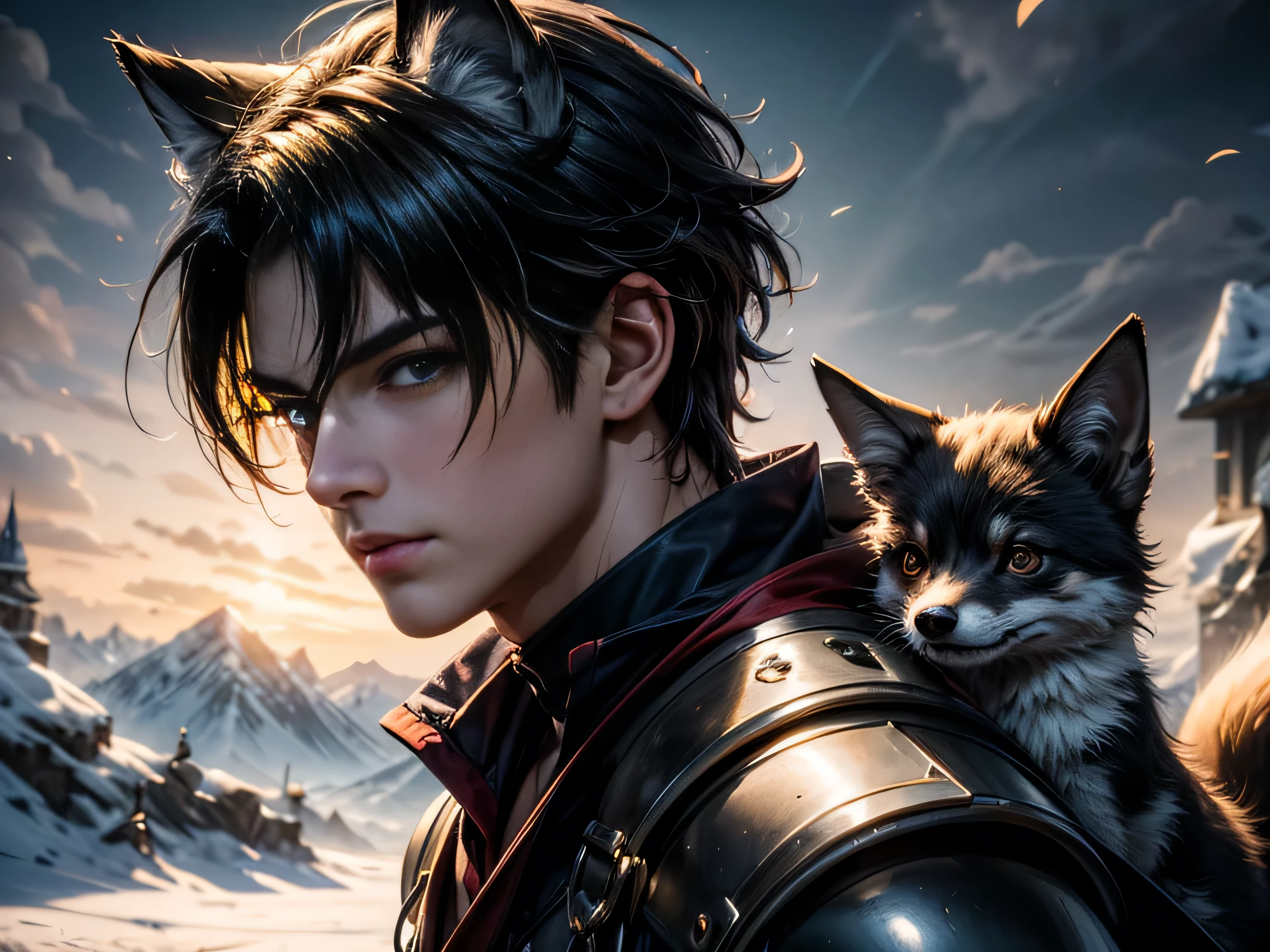 (mejor calidad, 8K, obra maestra, hdr, iluminación suave, imagen perfecta, Realista, vívido), Un chico de cabello negro con orejas de zorro y un bebé zorro yacen en la nieve, En la ladera de la montaña, ilustraciones de anime, Hermosas ilustraciones, exquisitas ilustraciones digitales, Realista digital anime, arte de anime digital realistae, (arte de fantasía de ultra alta calidade), obra maestra, male model, Diseños de personajes masculinos de altísima calidad., anime arte with 8k development, arte de anime realistae, Ilustraciones de fondos de pantalla de alta calidad, caras complejas de personajes masculinos precisos de ultra alta calidad, Diseño de alta calidad y física precisa. (Estilo de fantasía de gran calidad.)), arte, Fantasía oscura)) Estilo), obra maestras, personajes de gran calidad, resolución de anime - 8K, arte de anime realistae, fondos de pantalla con ilustraciones de la más alta calidad, detalle ultra alto de caras, Diseño de alta calidad y precisión física.), color, profundidad de campo, oscuridad, trazado de rayos, producción de fondos de pantalla para computadora de alta calidad y resolución 8K, (Simulación precisa de la interacción de la luz y los materiales.)], [Cabello detallado de alta calidad. [Más sobre un cabello rojo hermoso y brillante]], (Manos bellamente detalladas [Dedos perfectos [uñas perfectas]], (anatomía perfecta (proporciones perfectas)))) [[longitud total]], [Combinación de colores perfecta (Imitación precisa de la interacción de la luz y el material.)], [arte that conveys the meaning of the story ]