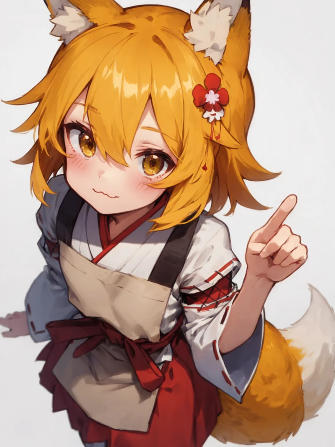 flat chest, score_8_up, score_7_up, score_6_up, best quality, masterpiece, uncensored, source_anime, (by 40hara:0.8)
BREAK
sen, blonde hair, animal ears, fox ears, blush, animal ear fluff, hair ornament, fox girl, hair flower, hair between eyes, short hair, fox tail, (tail:1.5), flat chest, yellow eyes, young girl
BREAK
miko, apron japanese clothes, miko, apron japanese clothes, ribbon mesh sleeves, white background, simple background, :3, from above
