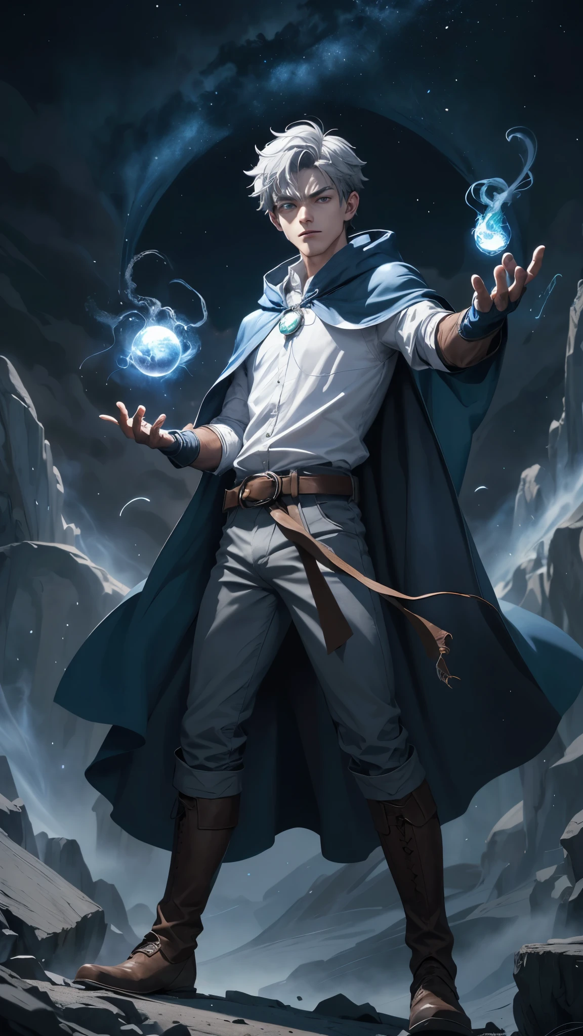 Design 1wizard man throwing a fireball, 22 year old man with dark blue hood and cape.Light gray hair Gray eyes Wearing a white button-down shirt Wearing green shorts Wearing a brown belt Wearing short brown boots Wearing blue gloves on your hands. Crea un fondo de llamas ((mejorar rostro))