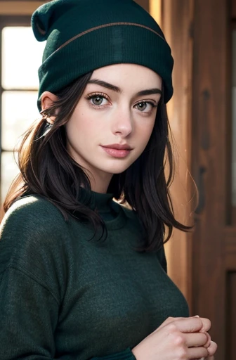 {(Anne Hathaway, usando (black thermal flannel leather Vestido curto with quadriceps marking - FashionLeg), e um ((moletom {Dark Green}, with Stylish Toca De Frio Beanie in azul wool), (sensual)perfect symmetrical body, olhos perfeitos, boca perfeita, symmetrical perfect face, cintura fina, coxas musculosas}, Symmetrical face, hiper realista